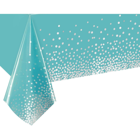 ✨TOATE PRODUSELE✨ - Fata de Masa, , din PEVA, Imprimeu Buline Argintii, 137 x 274 cm, Impermeabila, Fara Pete, Curatare Rapida, Albastru
