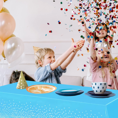 Fata de Masa, , din PEVA, Imprimeu Buline Argintii, 137 x 274 cm, Impermeabila, Fara Pete, Curatare Rapida, Albastru [1]