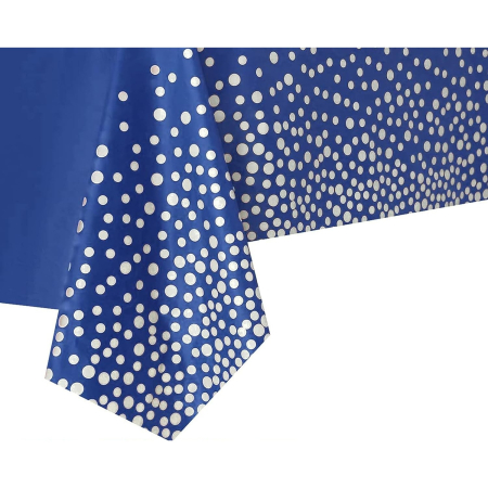 ✨TOATE PRODUSELE✨ - Fata de Masa, , din PEVA, Imprimeu Buline Argintii, 137 x 274 cm, Impermeabila, Fara Pete, Curatare Rapida, Albastru Inchis
