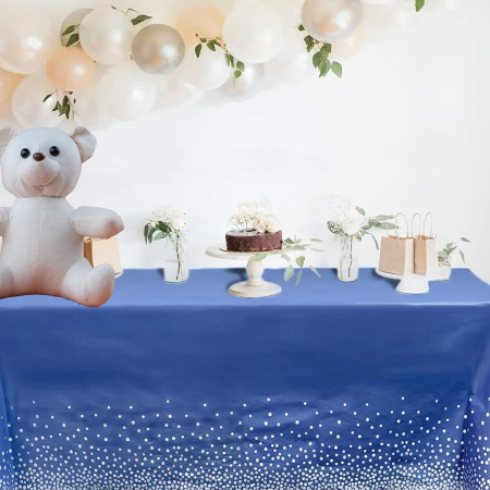 Fata de Masa, , din PEVA, Imprimeu Buline Argintii, 137 x 274 cm, Impermeabila, Fara Pete, Curatare Rapida, Albastru Inchis [2]