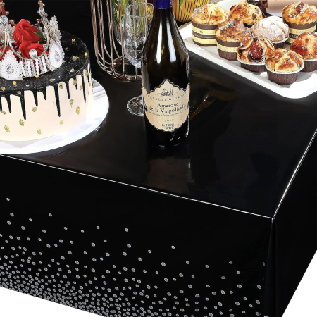 Fata de Masa, , din PEVA, Imprimeu Buline Argintii, 137 x 274 cm, Impermeabila, Fara Pete, Curatare Rapida, Negru [4]