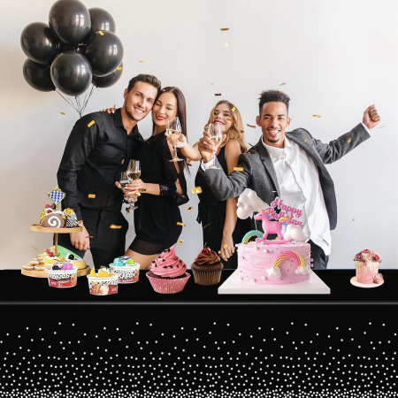 Fata de Masa, , din PEVA, Imprimeu Buline Argintii, 137 x 274 cm, Impermeabila, Fara Pete, Curatare Rapida, Negru [2]