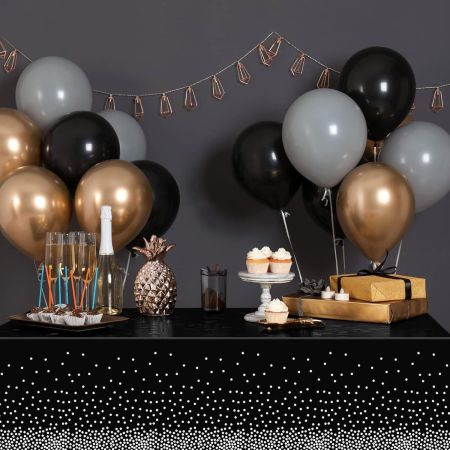 Fata de Masa, , din PEVA, Imprimeu Buline Argintii, 137 x 274 cm, Impermeabila, Fara Pete, Curatare Rapida, Negru [1]