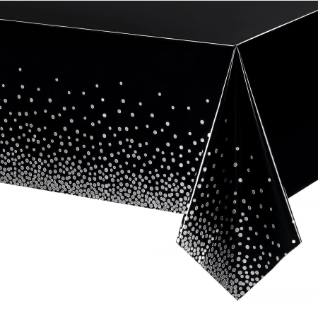 ✨TOATE PRODUSELE✨ - Fata de Masa, , din PEVA, Imprimeu Buline Argintii, 137 x 274 cm, Impermeabila, Fara Pete, Curatare Rapida, Negru