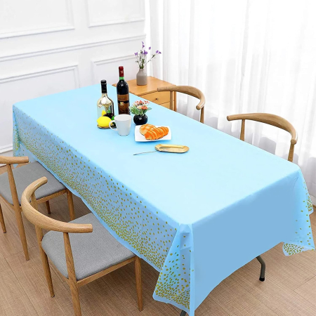 Fata de Masa, , din PEVA, Imprimeu Buline Aurii, 137 x 274 cm, Impermeabila, Fara Pete, Curatare Rapida, Albastru [1]