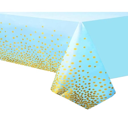 ✨TOATE PRODUSELE✨ - Fata de Masa, , din PEVA, Imprimeu Buline Aurii, 137 x 274 cm, Impermeabila, Fara Pete, Curatare Rapida, Albastru