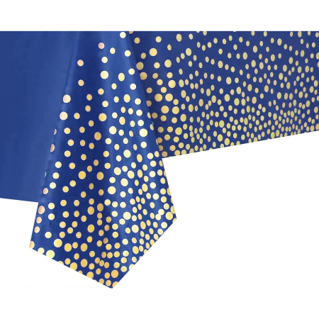 ✨TOATE PRODUSELE✨ - Fata de Masa, , din PEVA, Imprimeu Buline Aurii, 137 x 274 cm, Impermeabila, Fara Pete, Curatare Rapida, Albastru Inchis