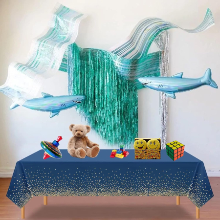 Fata de Masa, , din PEVA, Imprimeu Buline Aurii, 137 x 274 cm, Impermeabila, Fara Pete, Curatare Rapida, Albastru Inchis [3]