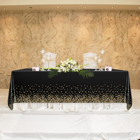 Fata de Masa, , din PEVA, Imprimeu Buline Aurii, 137 x 274 cm, Impermeabila, Fara Pete, Curatare Rapida, Negru [4]