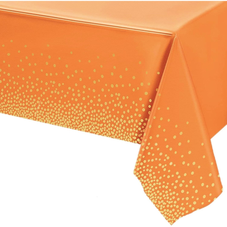 ✨TOATE PRODUSELE✨ - Fata de Masa, , din PEVA, Imprimeu Buline Aurii, 137 x 274 cm, Impermeabila, Fara Pete, Curatare Rapida, Portocaliu