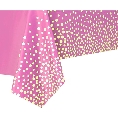 ✨TOATE PRODUSELE✨ - Fata de Masa, , din PEVA, Imprimeu Buline Aurii, 137 x 274 cm, Impermeabila, Fara Pete, Curatare Rapida, Roz