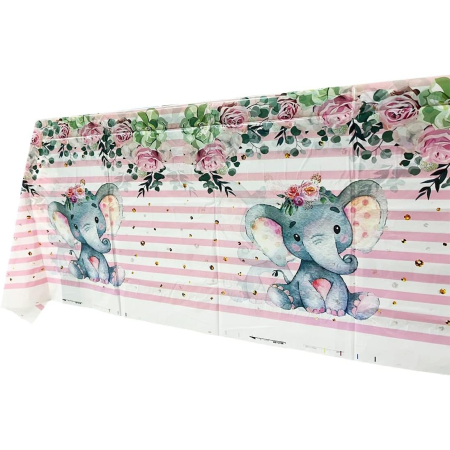 Fata de Masa, , din Plastic, Imprimeu Elefanti, 180 x 108 cm, Roz [2]
