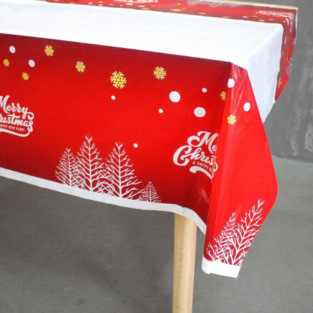 Fata de masa dreptunghiulara , PVC, 2.5 mm grosime, imprimeu Merry Christmas, potrivit pentru Craciun, utilizare multipla, 180 x 108 cm, alb [4]