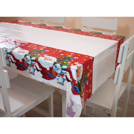 Fata de masa dreptunghiulara , PVC, 2.5 mm grosime, imprimeu Mos Craciun cu iepuras, potrivit pentru Craciun, utilizare multipla, 180 x 108 cm, alb [7]