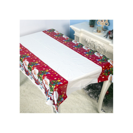 Fata de masa dreptunghiulara , PVC, 2.5 mm grosime, imprimeu Mos Craciun cu iepuras, potrivit pentru Craciun, utilizare multipla, 180 x 108 cm, alb [6]