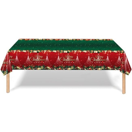 Fata de Masa Festiva, , Dreptunghiulara, Imprimeu Merry Christmas, Tema Craciun, Rezistenta la Apa, din PVC, 137 x 274 cm, Rosu/Verde [1]
