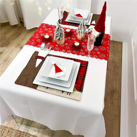 Fata de masa pentru decor, cu motive de Craciun, din stofa, 34x187cm, rosu [8]