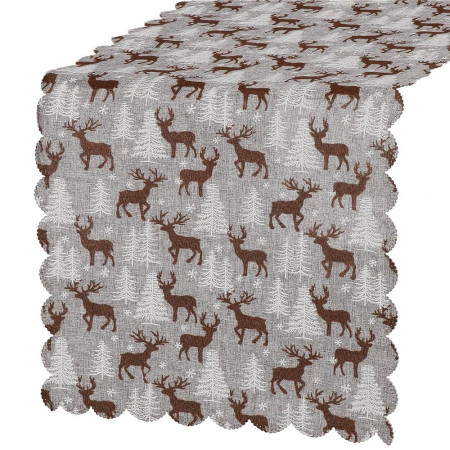 Iarna - Fata de masa pentru decor, cu motive de Craciun, din stofa, 35x186cm, gri