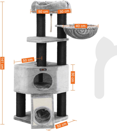 FEANDREA Ansamblu de joaca pentru pisici, tip copac, cu 2 culcusuri si 2 ascunzatoare, 50x50x141cm, gri [2]