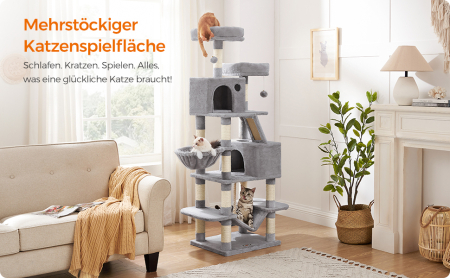 FEANDREA Ansamblu de joaca pentru pisici, tip copac, cu 3 culcusuri, hamac si 2 ascunzatoare, 55x45x168cm, gri deschis [1]