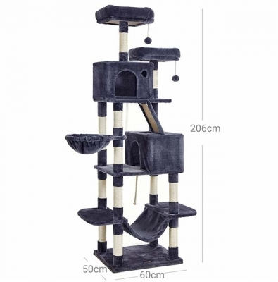 FEANDREA Ansamblu de joaca pentru pisici, tip copac, cu 3 culcusuri, hamac si 2 ascunzatoare, 60x50x206cm, gri inchis [6]