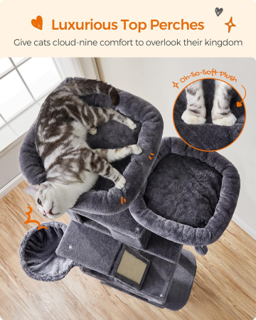 FEANDREA Ansamblu de joaca pentru pisici, tip copac, cu 3 culcusuri, hamac si 2 ascunzatoare, 60x50x206cm, gri inchis [2]