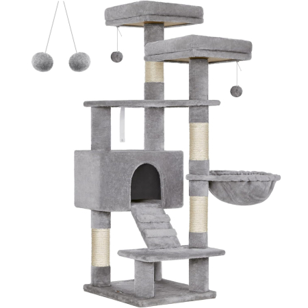 Disponibil livrare locker - FEANDREA Ansamblu de joaca pentru pisici, tip copac, cu 3 culcusuri si ascunzatoare, 50x45x142cm, gri deschis