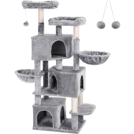 Disponibil livrare locker - FEANDREA Ansamblu de joaca pentru pisici, tip copac, cu culcus si ascunzatoare, 55x40x164cm, gri deschis