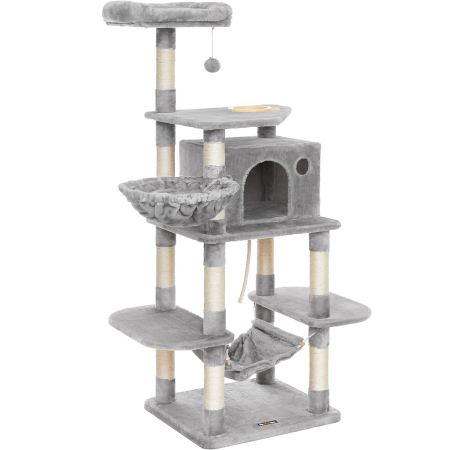 Disponibil livrare locker - FEANDREA Ansamblu de joaca pentru pisici, tip copac, cu culcus si ascunzatoare, 55x50x164cm, gri deschis