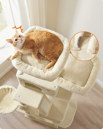 FEANDREA Ansamblu de joaca pentru pisici, tip copac, XXL, 13 stalpi de zgariat, 2 ascunzatori, 60x50x206cm, bej [1]