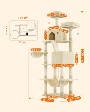 FEANDREA Ansamblu de joaca pentru pisici, tip copac, XXL, 13 stalpi de zgariat, 2 ascunzatori, 60x50x206cm, bej [4]