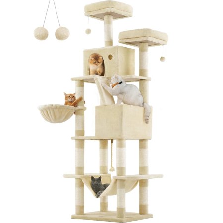 PET SHOP - FEANDREA Ansamblu de joaca pentru pisici, tip copac, XXL, 13 stalpi de zgariat, 2 ascunzatori, 60x50x206cm, bej