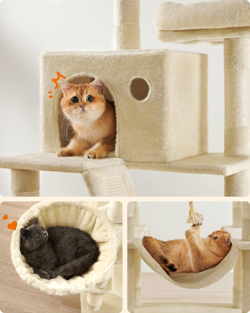 FEANDREA Ansamblu de joaca pentru pisici, tip copac, XXL, 13 stalpi de zgariat, 2 ascunzatori, 60x50x206cm, bej [6]