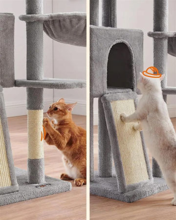FEANDREA Ansamblu de joaca pisici, 4 niveluri, stalpi sisal, cos, vizuina si placa de zgariat, 46x41x135 cm, gri deschis [3]