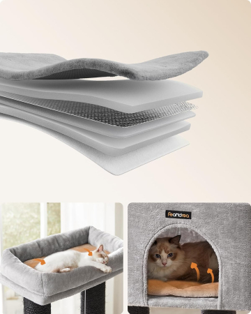 FEANDREA Ansamblu de joaca pisici, cu 9 stalpi de sisal, platforme mari si casuta, 50x50x160 cm, gri [4]