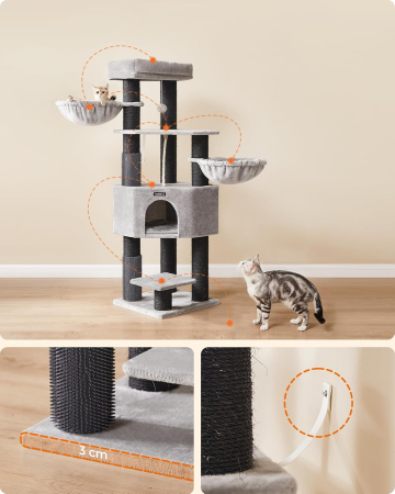 FEANDREA Ansamblu de joaca pisici, cu 9 stalpi de sisal, platforme mari si casuta, 50x50x160 cm, gri [2]