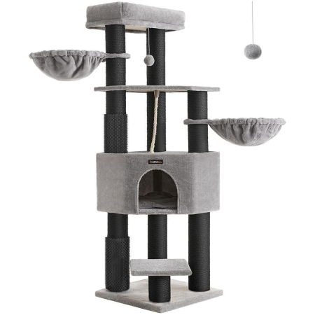 PET SHOP - FEANDREA Ansamblu de joaca pisici, cu 9 stalpi de sisal, platforme mari si casuta, 50x50x160 cm, gri