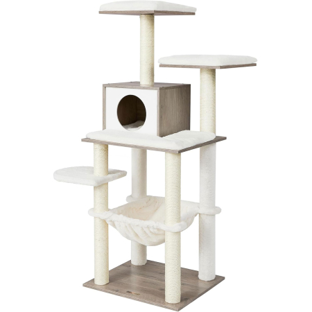 Disponibil livrare locker - FEANDREA Ansamblu de joaca pisici, tip copac, cu culcusuri, ascunzatoare si hamac, 55x45x138 cm, alb si gri