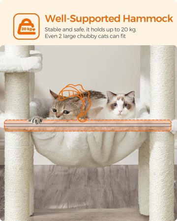 FEANDREA Ansamblu de joaca pisici, tip copac, cu culcusuri, ascunzatoare si hamac, 55x45x138 cm, alb si gri [4]