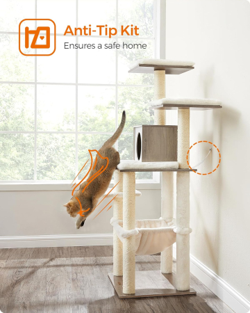 FEANDREA Ansamblu de joaca pisici, tip copac, cu culcusuri, ascunzatoare si hamac, 55x45x138 cm, alb si gri [8]