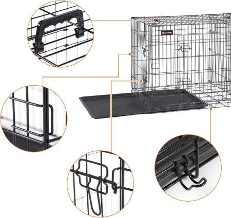 FEANDREA Cusca pentru animale, 2 usi, pliabila din metal, perete separator si tava detasabile, XL, 107x70x78cm, negru [3]