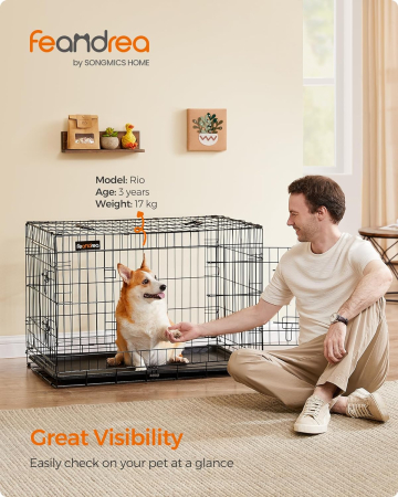 FEANDREA Cusca pentru animale, 2 usi, pliabila din metal, tava detasabila, L, 93x58x64cm, negru [1]