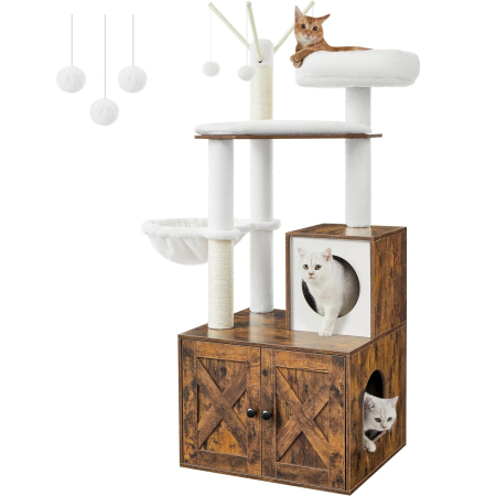 Disponibil livrare locker - FEANDREA Mobilier 2 in 1 pentru pentru pisici cu cusca, ascunzatoare si loc de joaca, 58x50x140cm, maro vintage