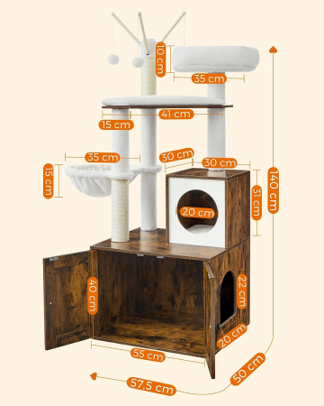 FEANDREA Mobilier 2 in 1 pentru pentru pisici cu cusca, ascunzatoare si loc de joaca, 58x50x140cm, maro vintage [6]