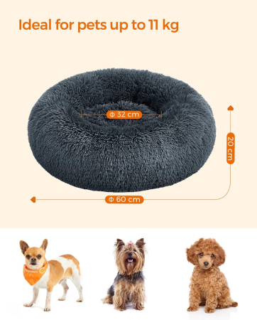 FEANDREA Pat pufos pentru caini si pisici, cu husa detasabila, lavabila, plus moale cu fir lung, 60 cm, gri inchis [5]