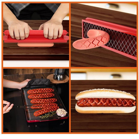 Feliator manual pentru hot-dog , crestare carnati si hot-dog, manual, potrivit pentru gratar, 29.5 x 6.5 cm, din inox si ABS, rosu [2]