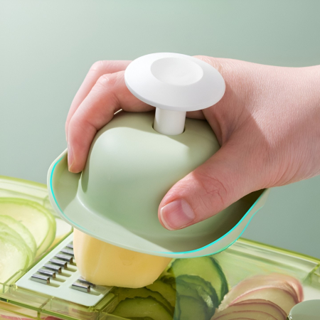 Feliator Multifunctional, , 3 in 1, pentru Fructe si Legume, 6 Piese, Maner, Lame de Inox, Recipient Stocare, Protectie Mana, ABS, 35x12x9.4 cm, Verde [1]