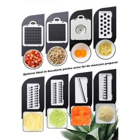 Feliator Multifunctional, , Razatoare, 8 in 1, pentru Fructe si Legume, 10 Piese, Lame de Inox, Recipient Stocare, Separator Oua, Protectie Mana, ABS, 32.2x11.3 cm, Albastru/Alb [2]