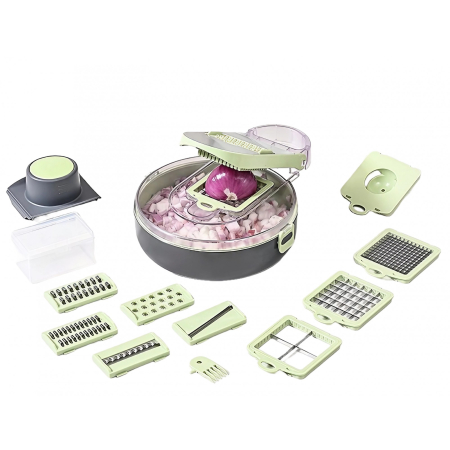 ✨TOATE PRODUSELE✨ - Feliator Multifunctional, , Razatoare, 8 in 1, pentru Fructe si Legume, 12 Piese, Lame de Inox, Recipient Stocare, Separator Oua, Protectie Mana, ABS, Gri/Verde, 29.5x9x21.8 cm