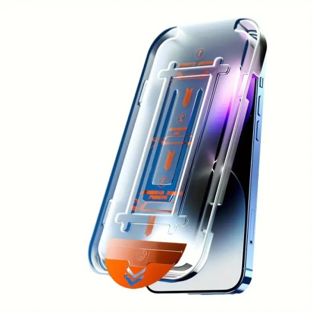 ✨TOATE PRODUSELE✨ - Folie de Protectie cu Instalare Rapida, , pentru Apple iPhone 15, Privacy Tempered Glass Easy Tool, Full Cover, Protectie Difuzor, HD, Margini Negre, Transparent